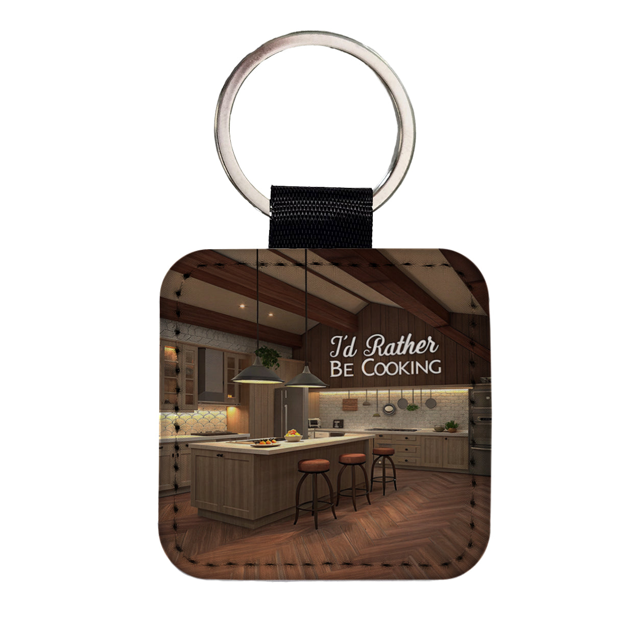 I'd Rather Be Cooking Kitchen Square Faux Leather Keychain