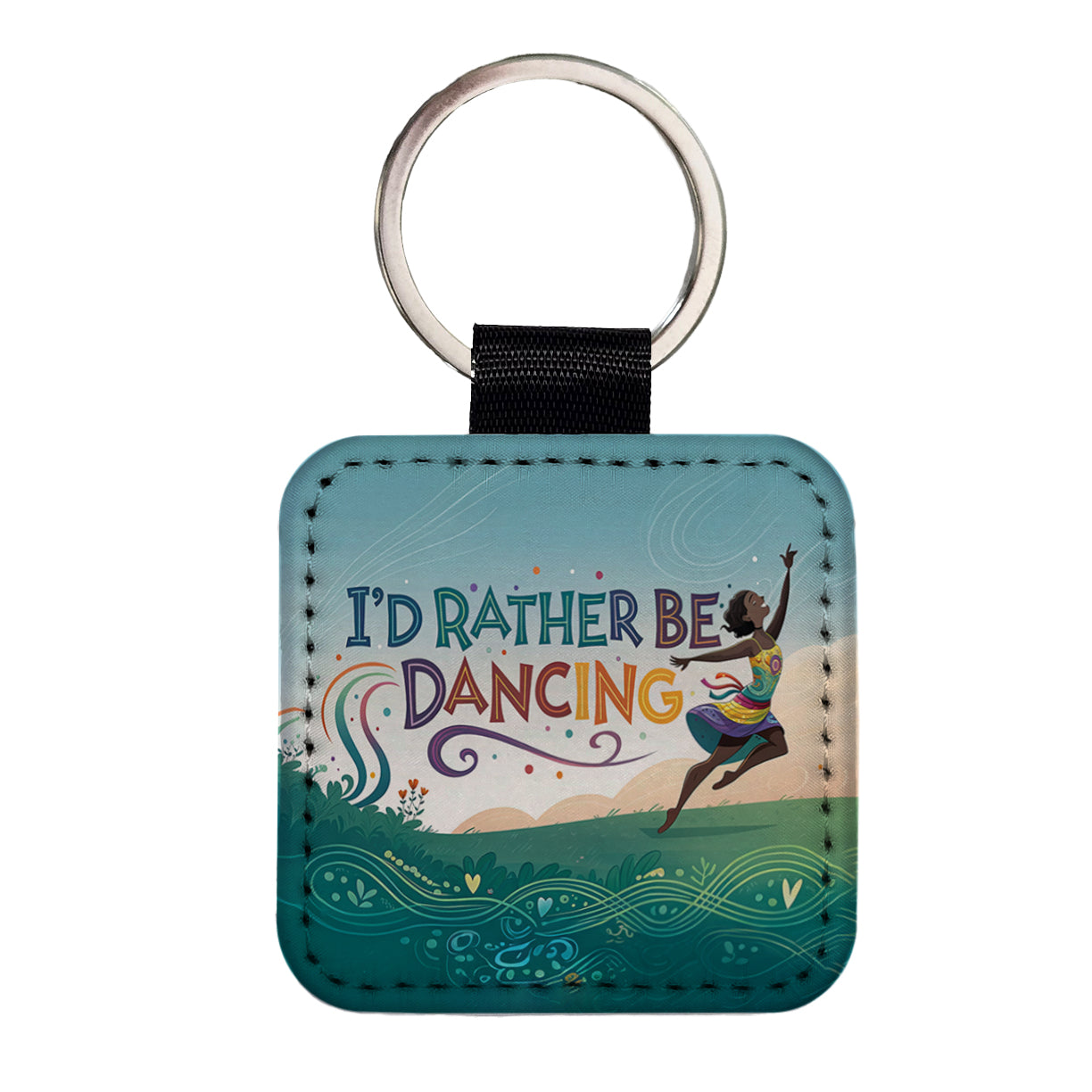 I'd Rather Be Dancing Dance Rainbow Square Faux Leather Keychain