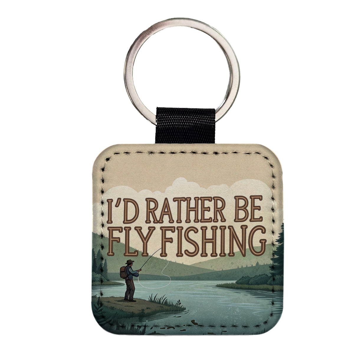 I'd Rather Be Fly Fishing Square Faux Leather Keychain