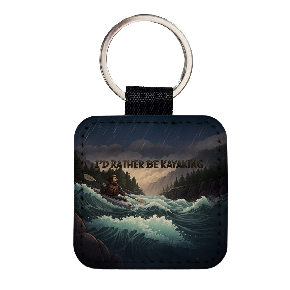I'd Rather Be Kayaking Man Kayaker Raging River Square Faux Leather Keychain