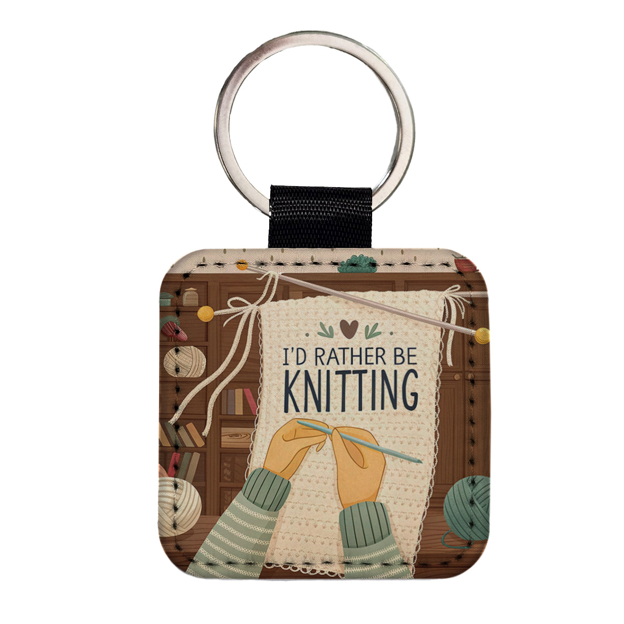 I'd Rather Be Knitting Knit Yarn Needles Square Faux Leather Keychain