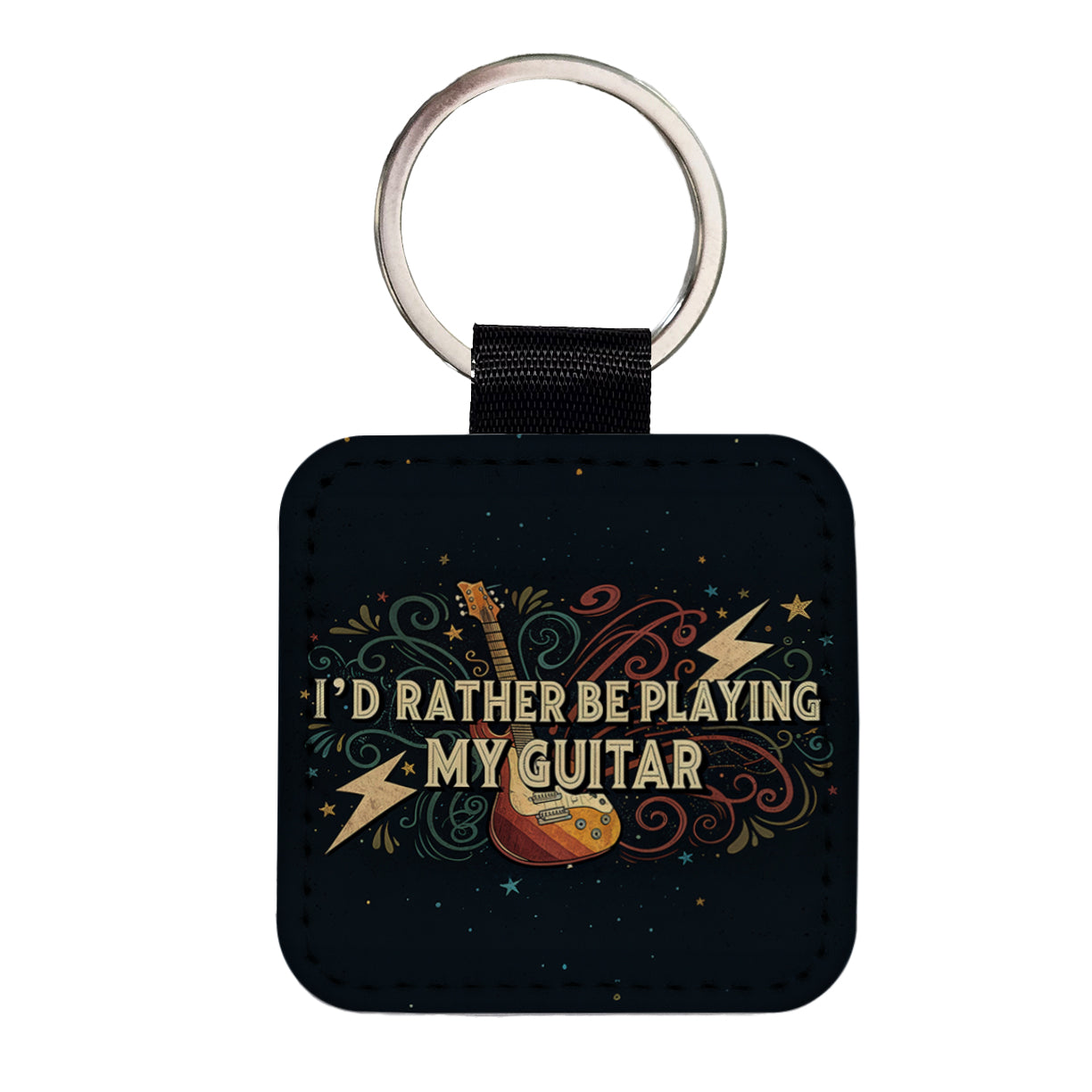 I'd Rather Be Playing My Guitar Rock And Roll Square Faux Leather Keychain