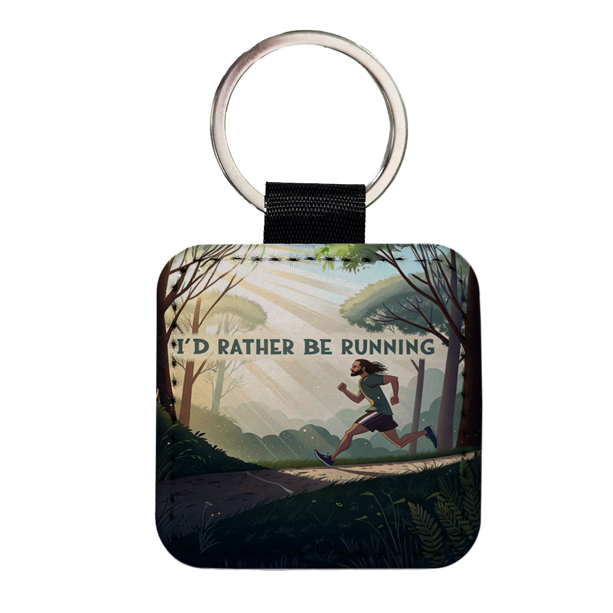 I'd Rather Be Running Man Jogging Square Faux Leather Keychain