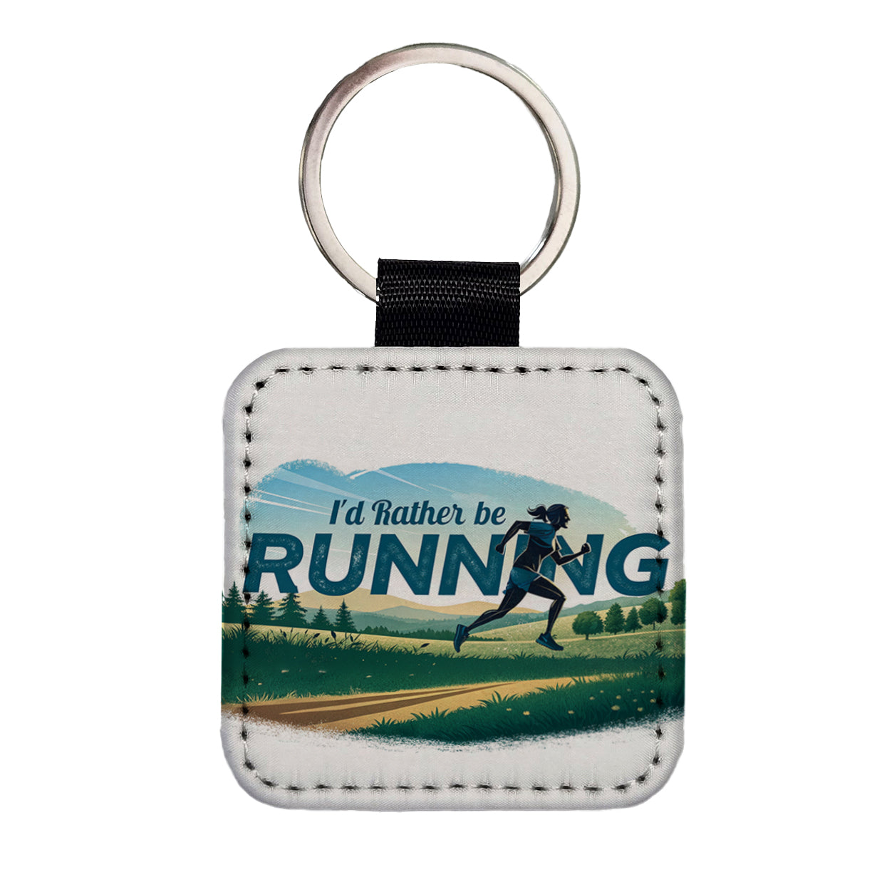 I'd Rather Be Running Woman Jogging Cross Country Square Faux Leather Keychain