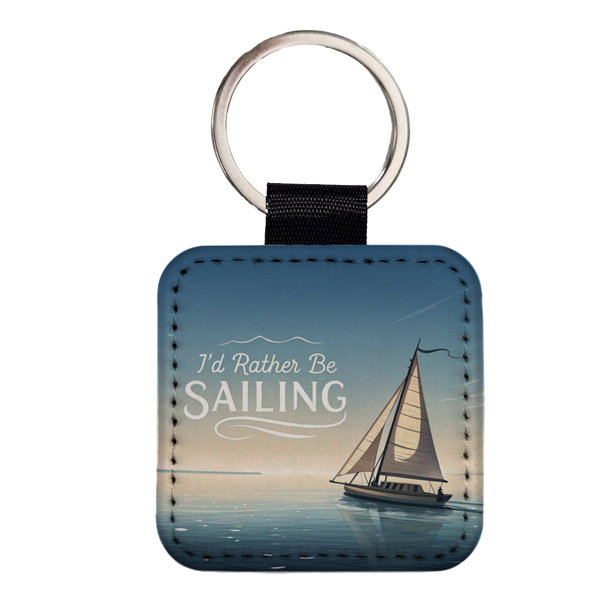 I'd Rather Be Sailing Sailboat Square Faux Leather Keychain