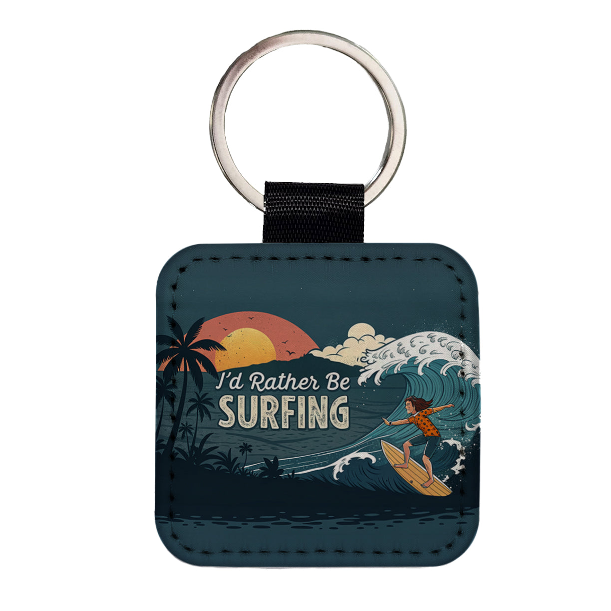 I'd Rather Be Surfing Surfer Square Faux Leather Keychain