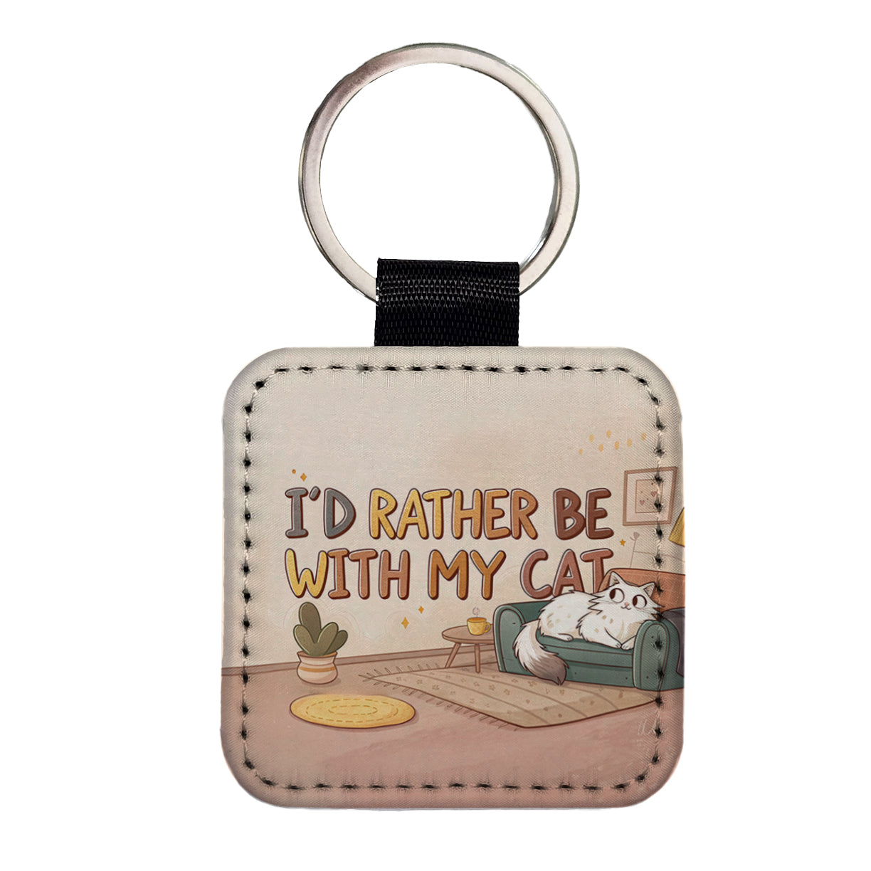 I'd Rather Be With My Cat Funny Square Faux Leather Keychain
