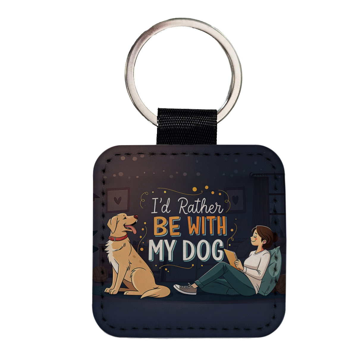 I'd Rather Be With My Dog Funny Square Faux Leather Keychain