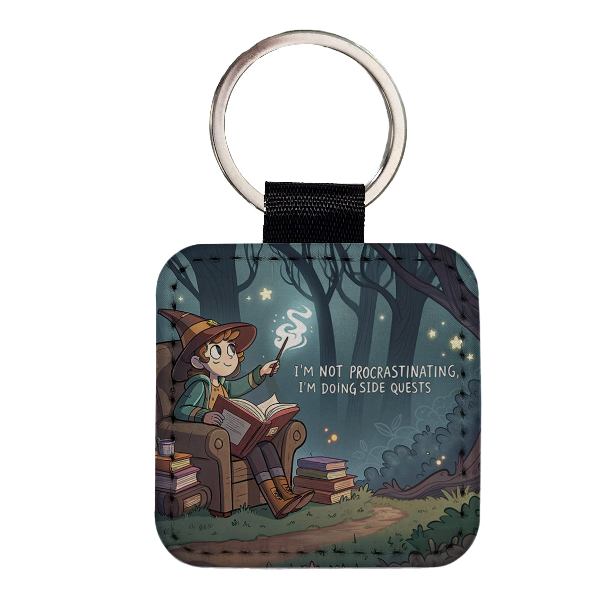 I'm Not Procrastinating Doing Side Quests Funny Witch Square Faux Leather Keychain
