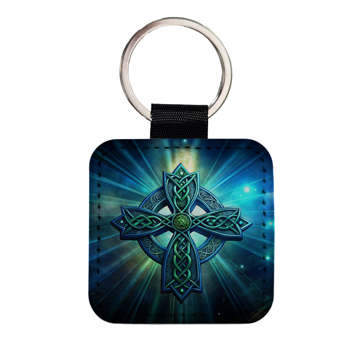 Irish Celtic Christian Cross Blue Green Square Faux Leather Keychain
