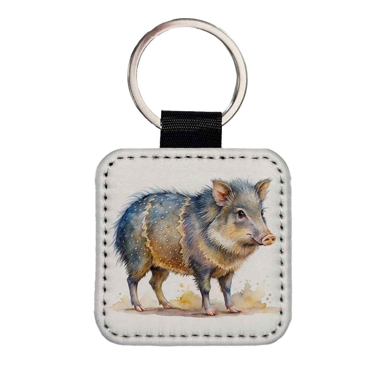 Javelina Watercolor Square Faux Leather Keychain