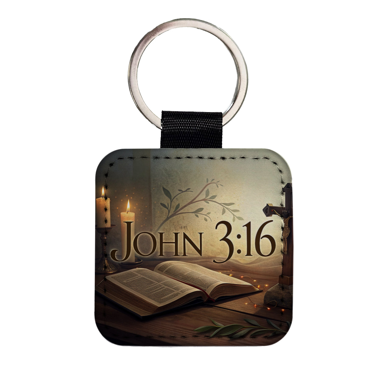 John 3-16 Bible Religious Verse Square Faux Leather Keychain