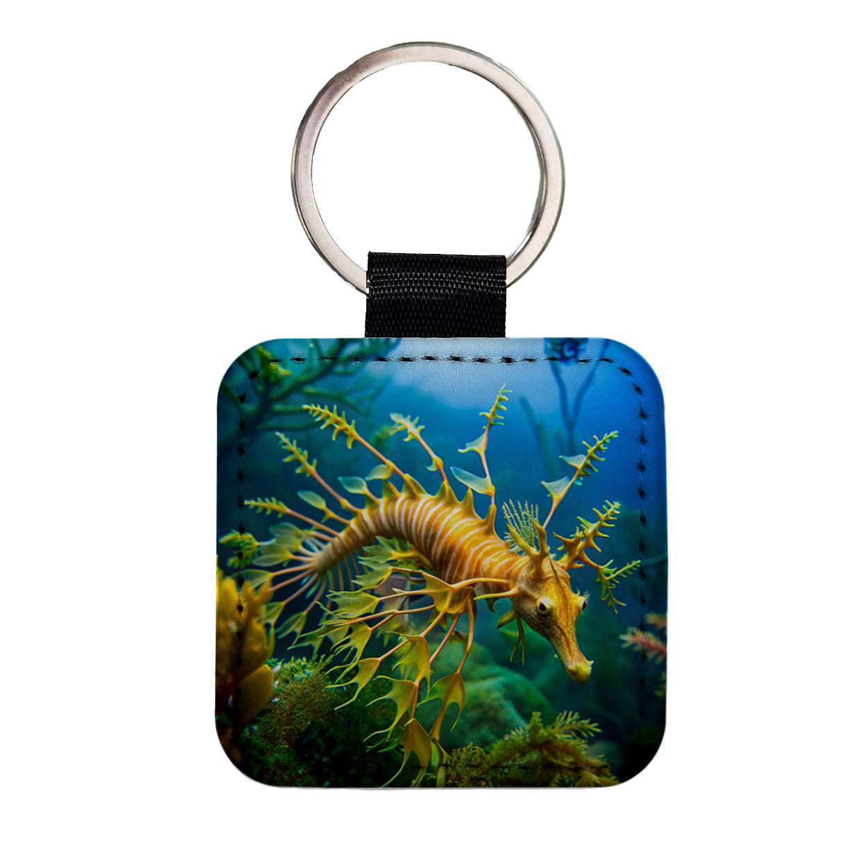 Leafy Seadragon Swimming Square Faux Leather Keychain
