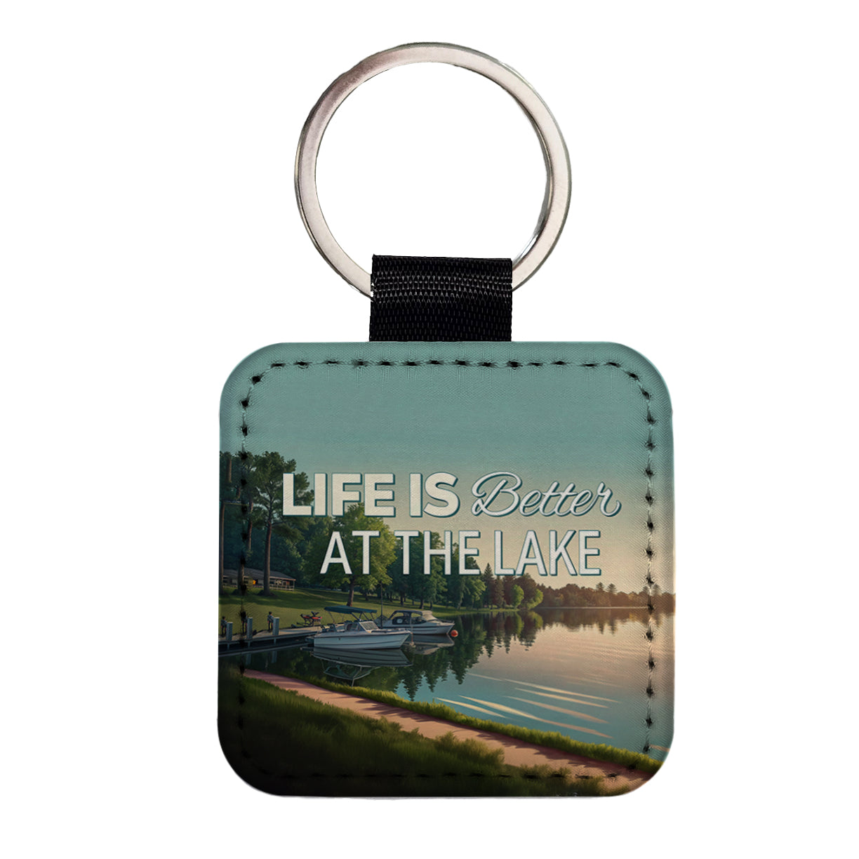 Life is Better At The Lake Boats Square Faux Leather Keychain
