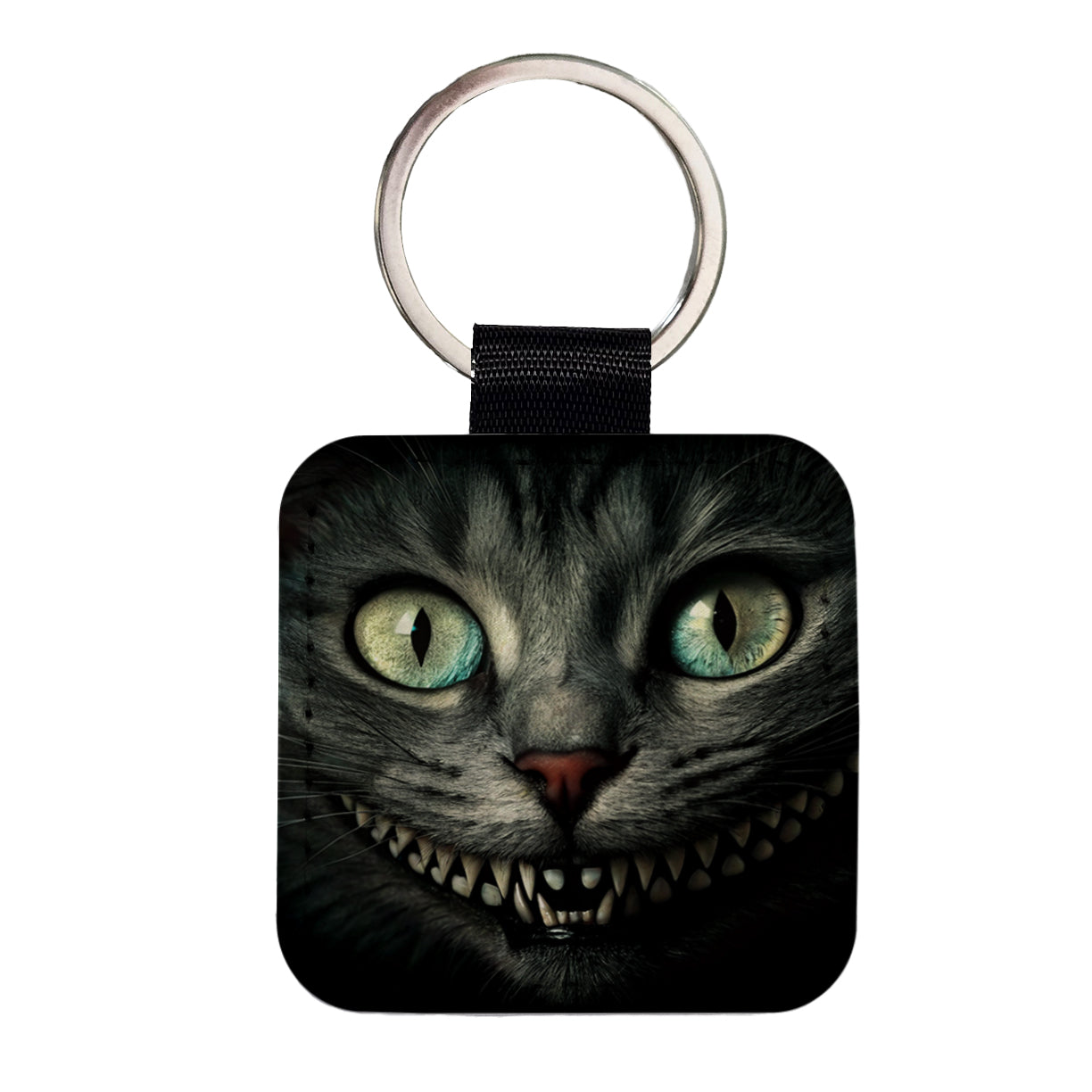 Mischievous Cheshire Cat Grin on Black Square Faux Leather Keychain
