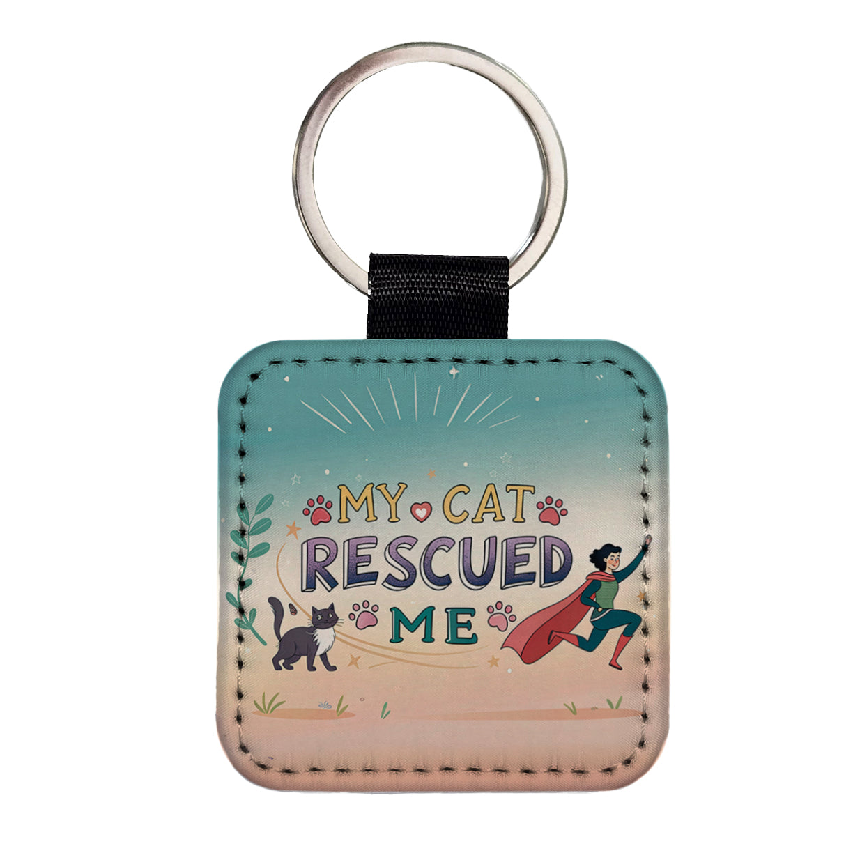 My Cat Rescued Me Pet Adoption Square Faux Leather Keychain