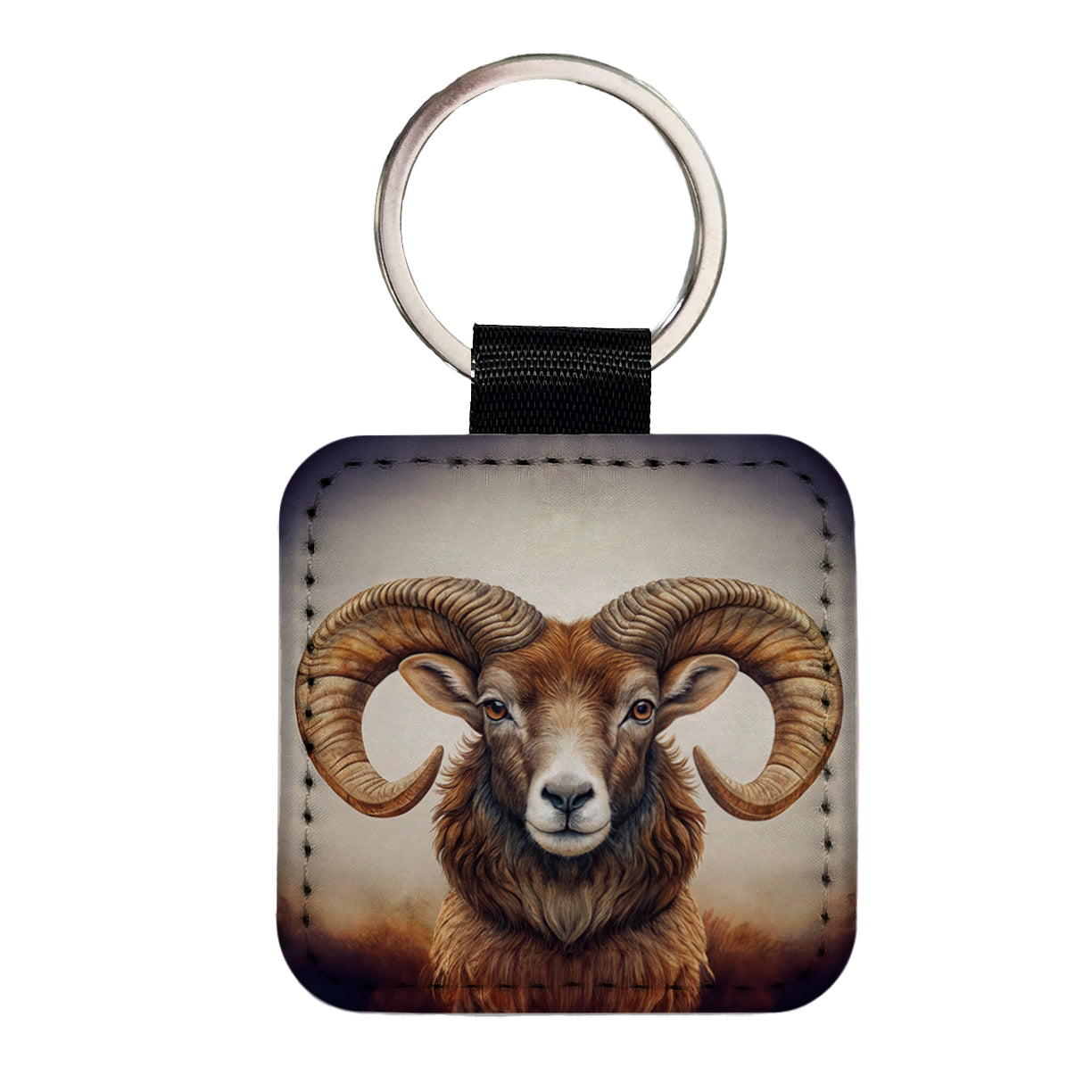 Ram's Head Square Faux Leather Keychain