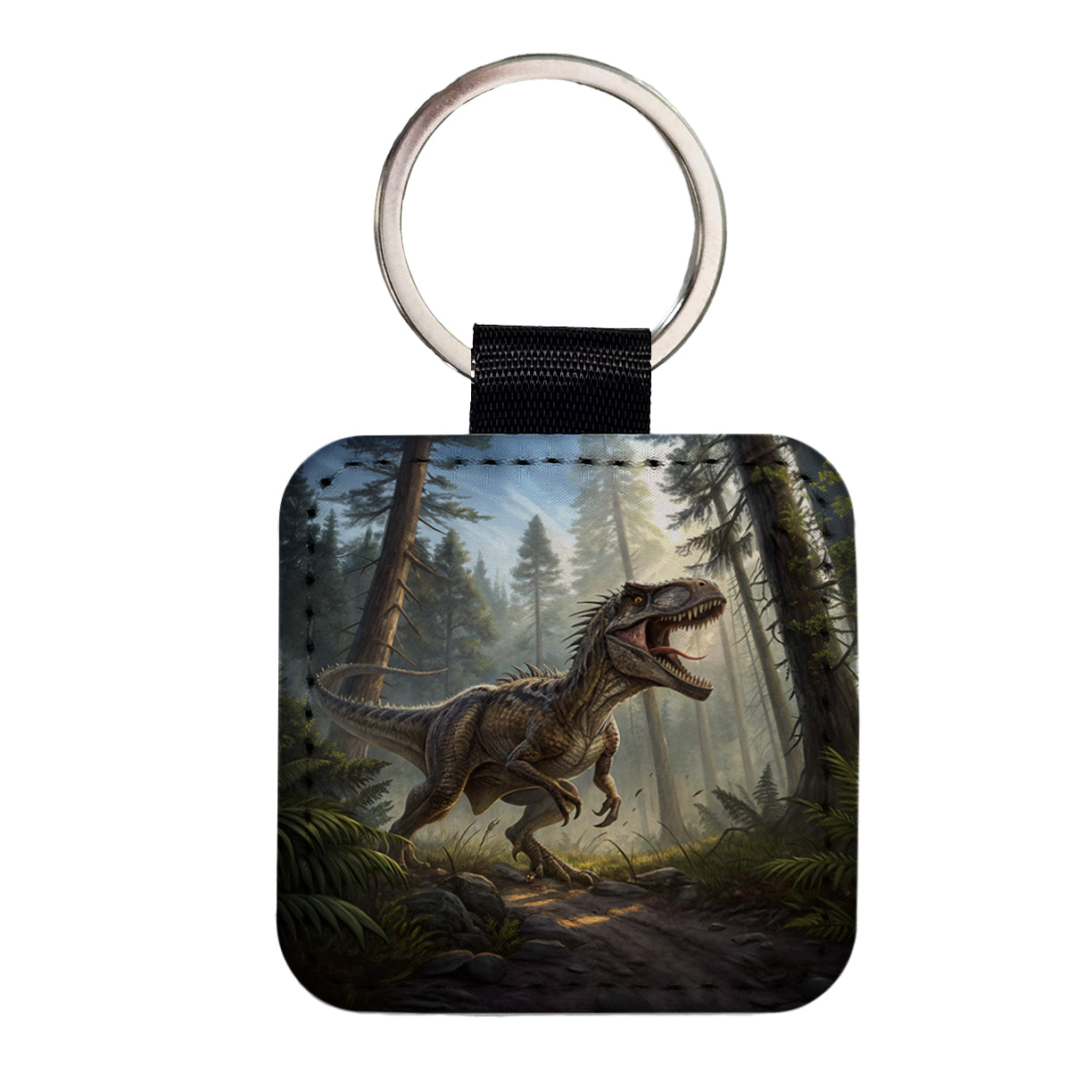 Raptor Dinosaur In Forest Square Faux Leather Keychain