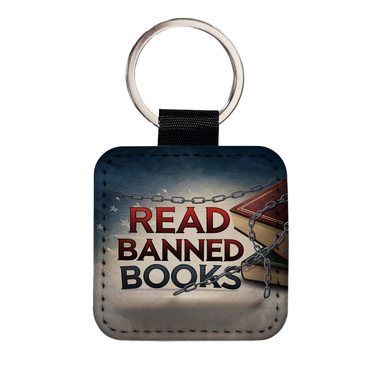 Read Banned Books Chains Square Faux Leather Keychain
