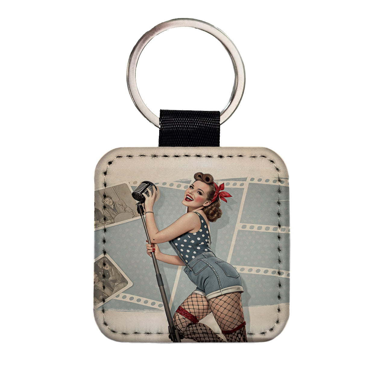 Rockabilly Retro 50's Pin-Up Girl Square Faux Leather Keychain