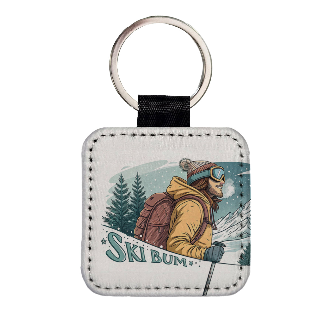 Ski Bum On The Mountain Square Faux Leather Keychain