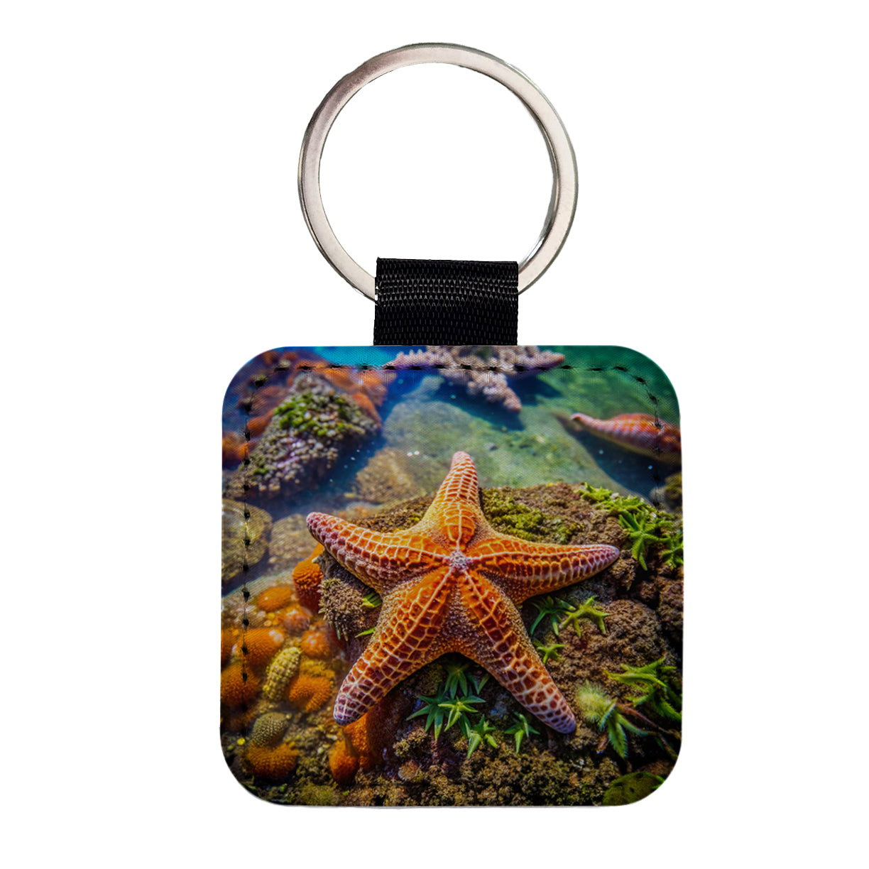 Starfish In Tide Pool Square Faux Leather Keychain