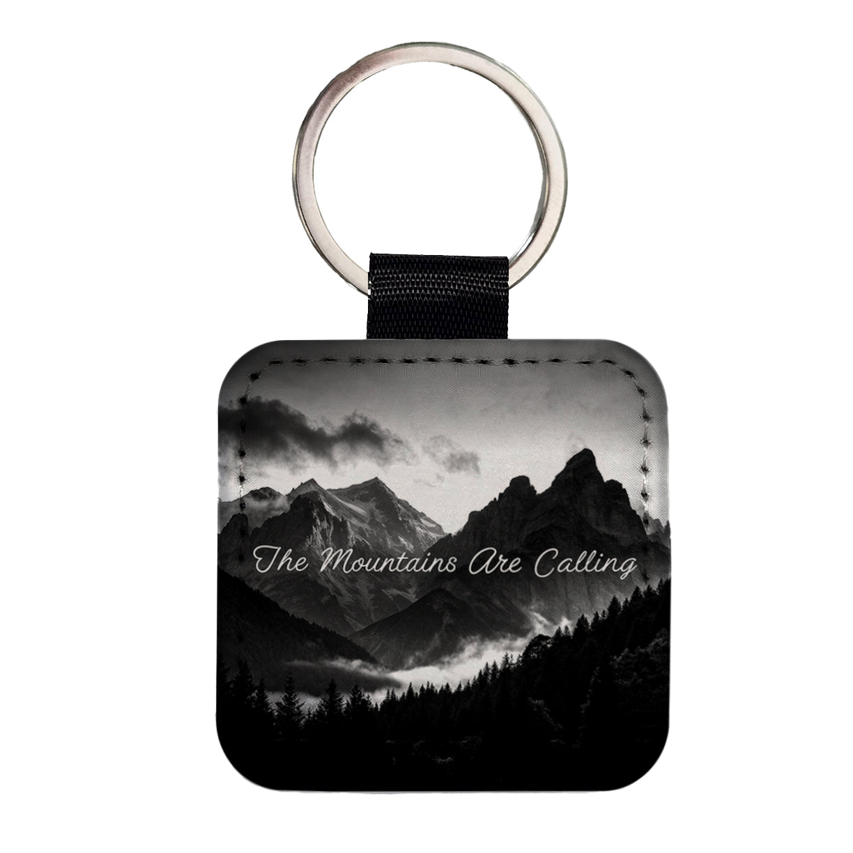 The Mountains Are Calling Adventure Awaits Square Faux Leather Keychain