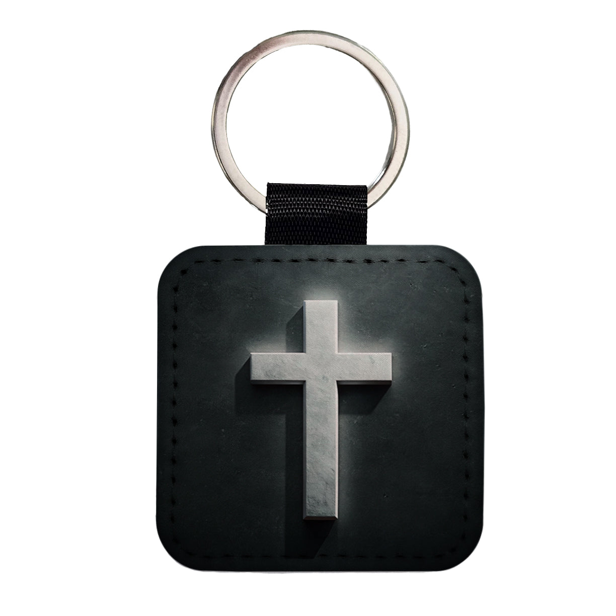 White Cross On Dark Background Religious Square Faux Leather Keychain