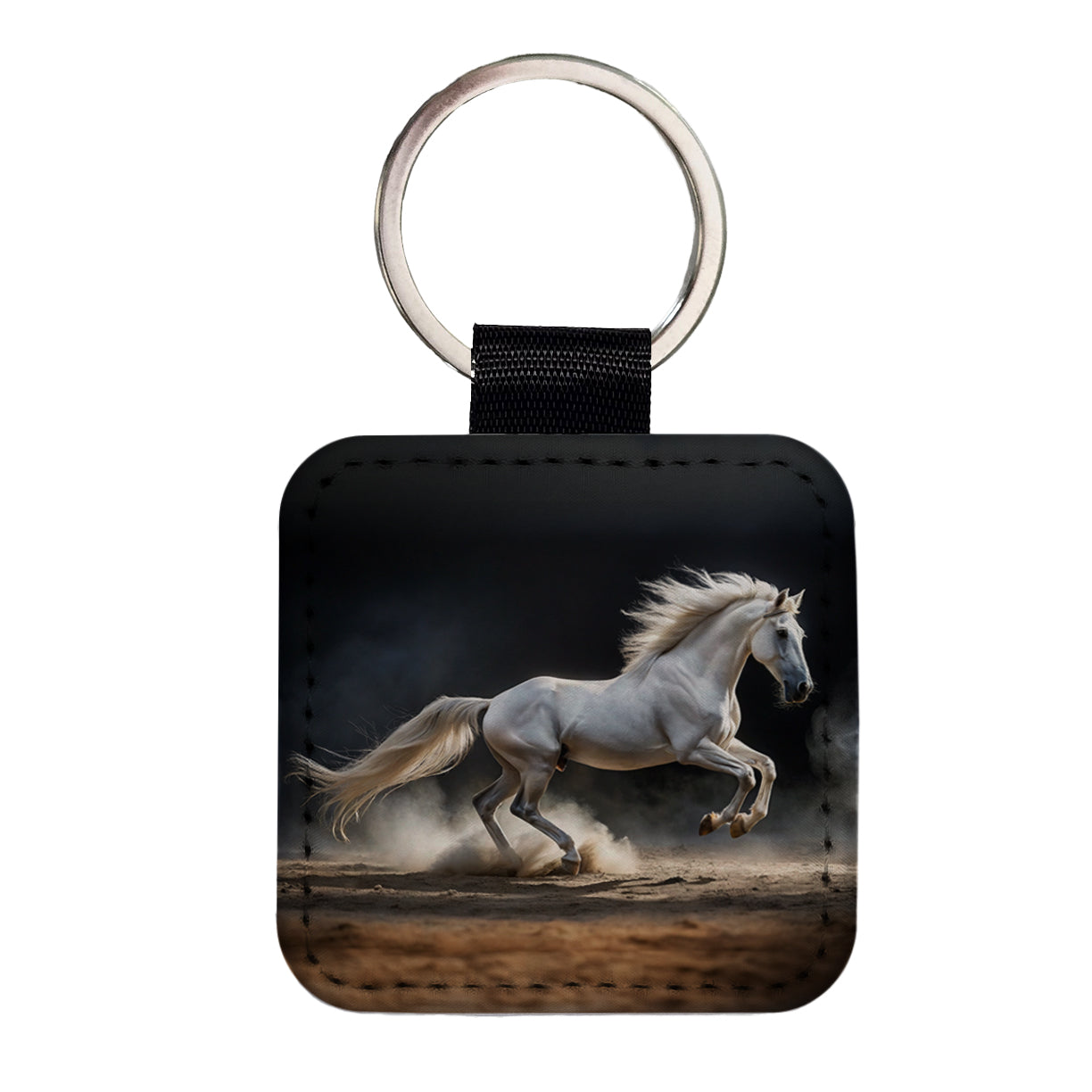 White Horse Galloping Square Faux Leather Keychain