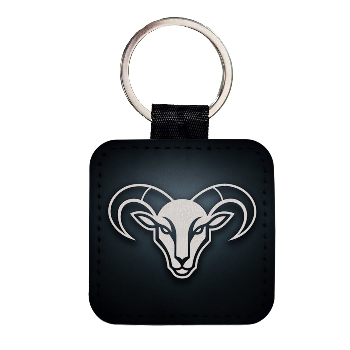 White Ram Head Illustration Outline Square Faux Leather Keychain