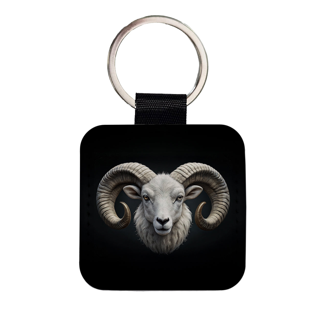White Ram Head Square Faux Leather Keychain