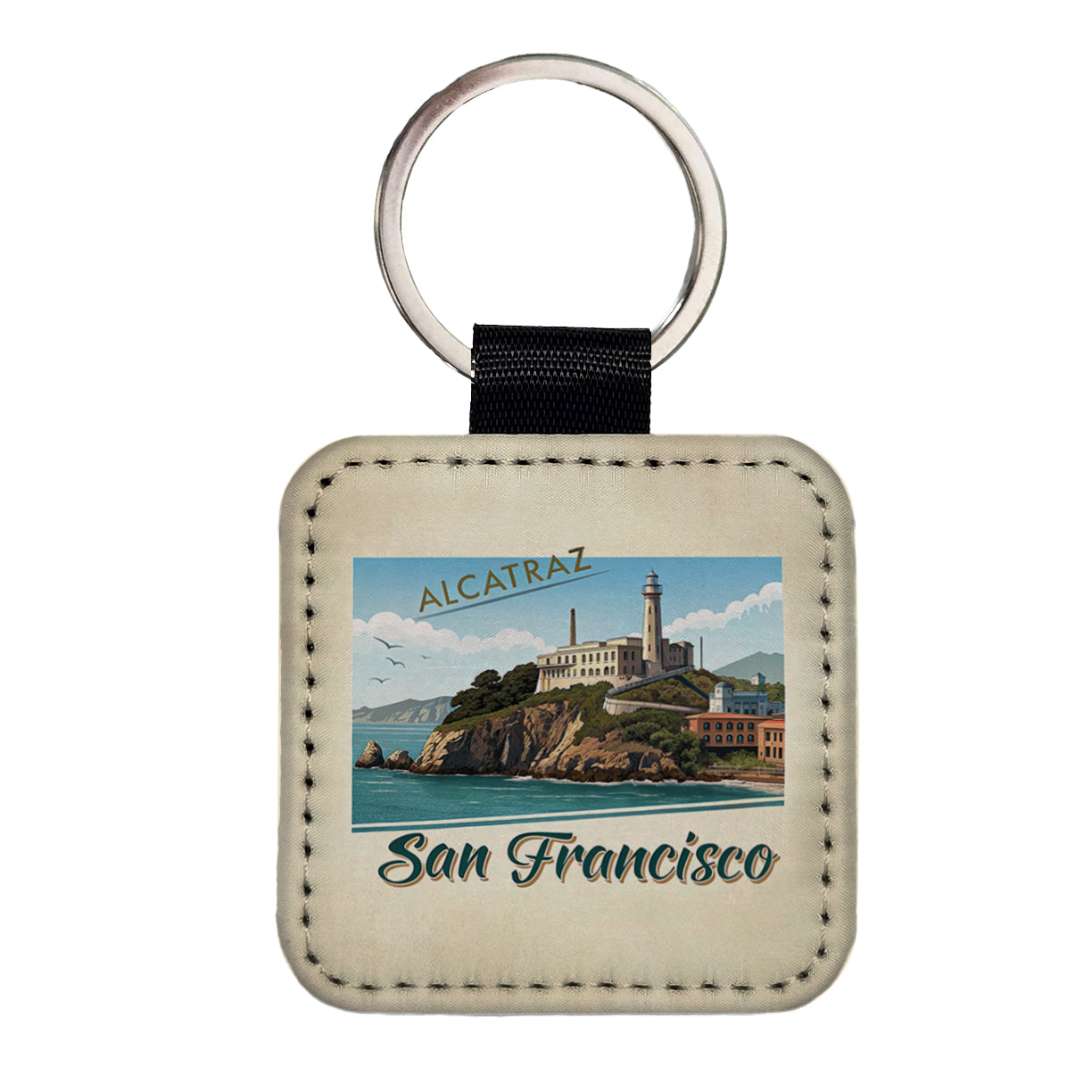 Alcatraz San Francisco Prison Travel Stamp Square Faux Leather Keychain