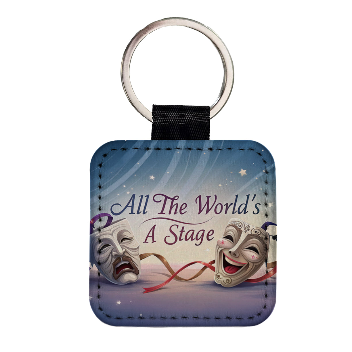 All The World's a Stage Theater Drama Masks Square Faux Leather Keychain