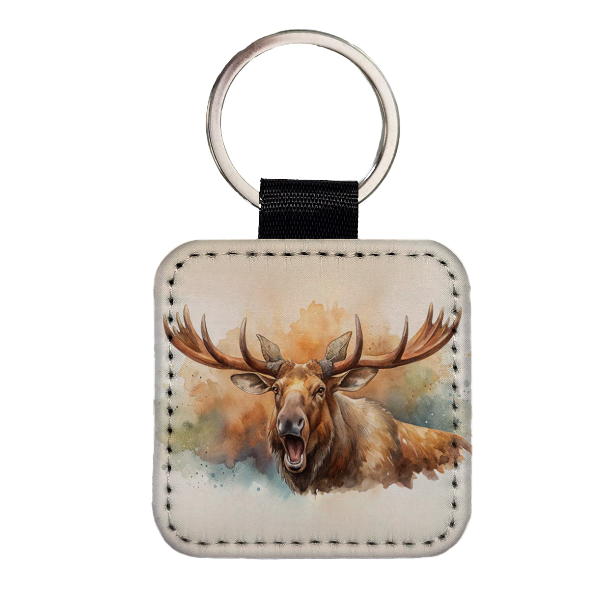 Angry Moose Watercolor Square Faux Leather Keychain
