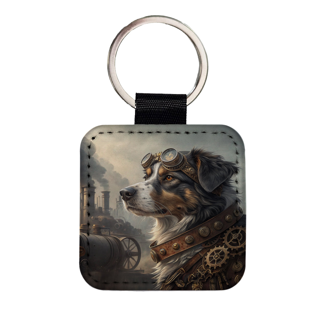 Australian Shepherd Dog Steampunk Square Faux Leather Keychain