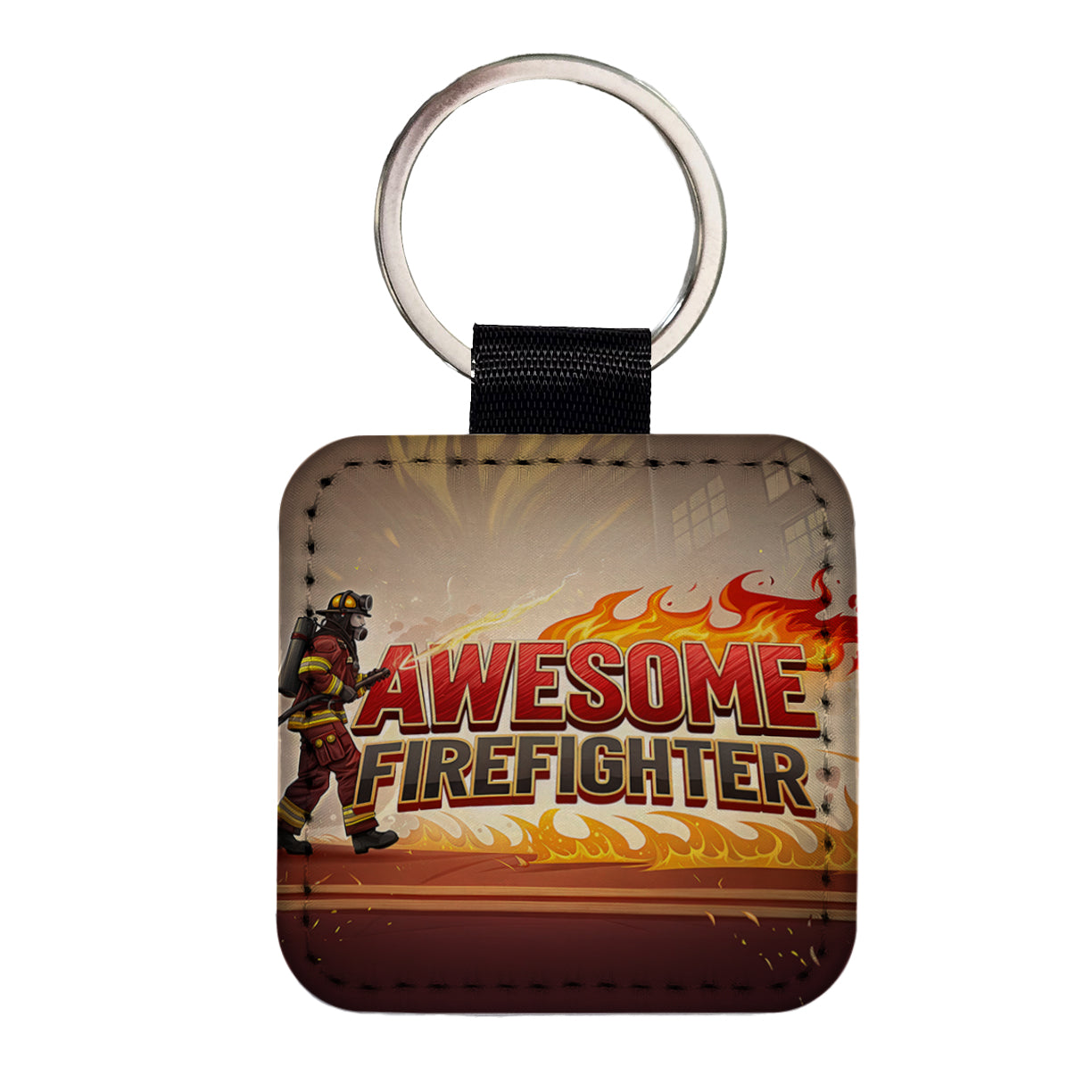 Awesome Firefighter Inspirational Square Faux Leather Keychain