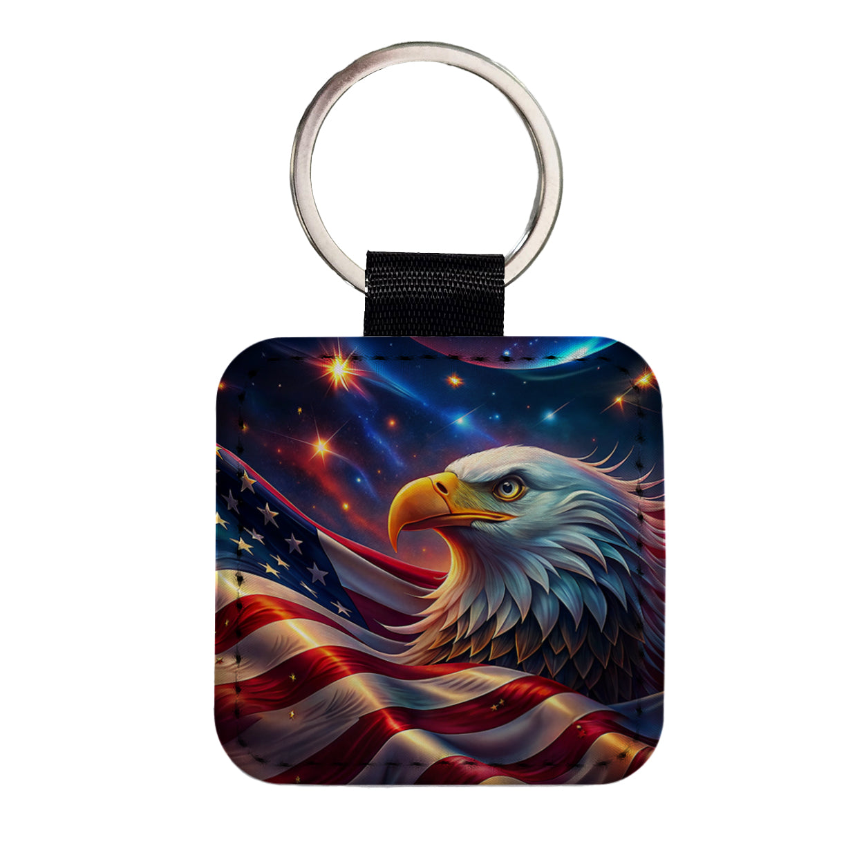 Awesome Patriotic American Flag and Bald Eagle Square Faux Leather Keychain