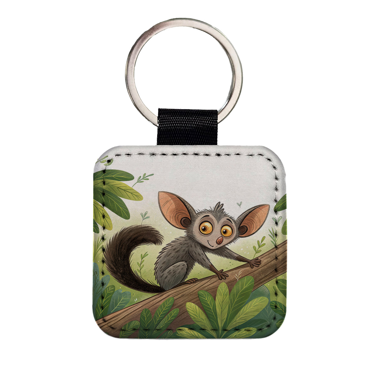 Aye Aye Children's Illustration Style Square Faux Leather Keychain