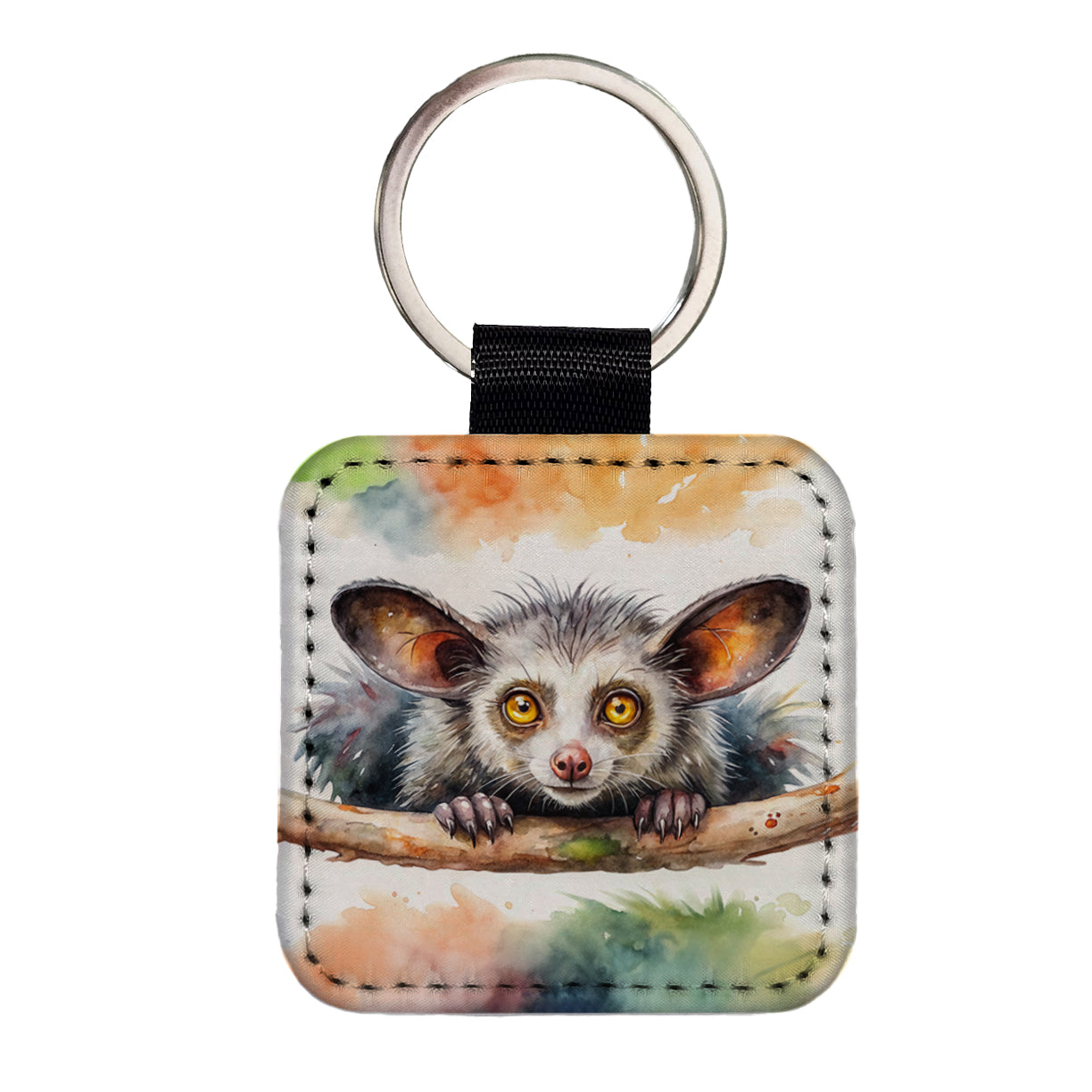 Aye Aye Long Fingered Lemur Watercolor Square Faux Leather Keychain