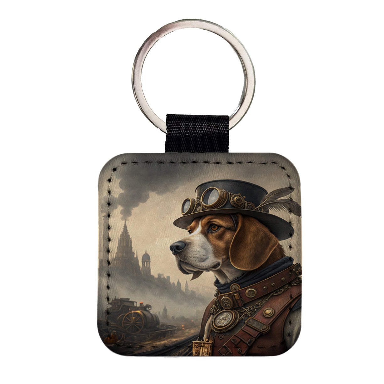 Beagle Dog Steampunk Square Faux Leather Keychain