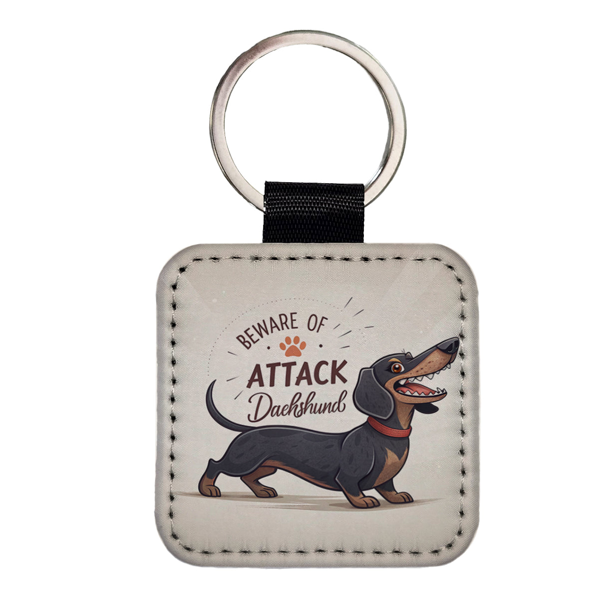 Beware Of Attack Dachshund Dog Funny Square Faux Leather Keychain
