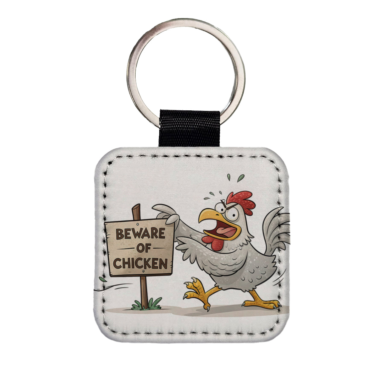 Beware Of Chicken Funny Square Faux Leather Keychain