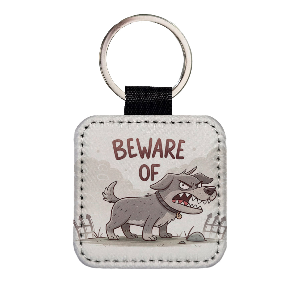 Beware Of Dog Funny Cartoon Square Faux Leather Keychain