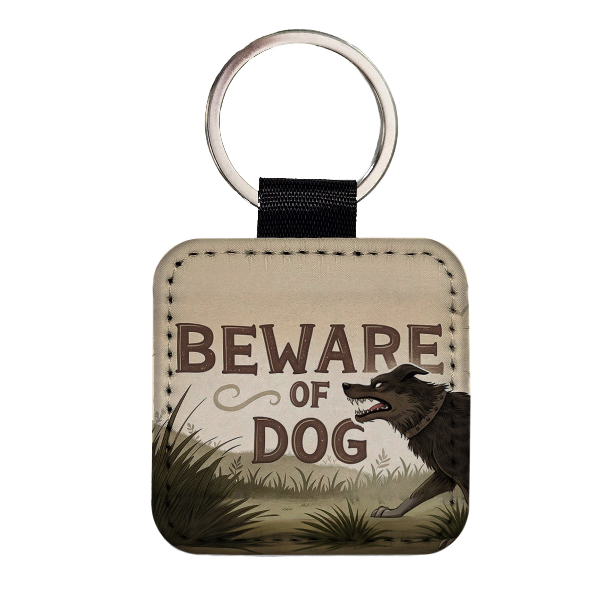 Beware Of Dog Mean Square Faux Leather Keychain