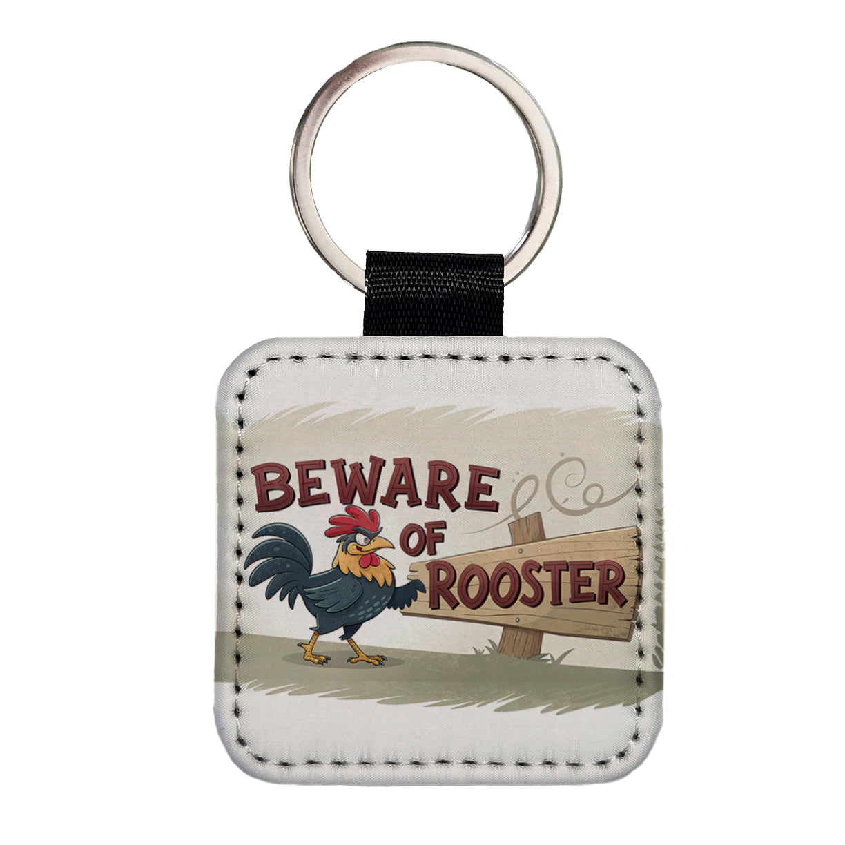 Beware Of Rooster Funny Square Faux Leather Keychain