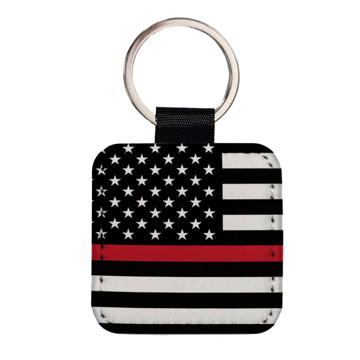 Black and White Thin Red Line Firefighter American Flag Square Faux Leather Keychain