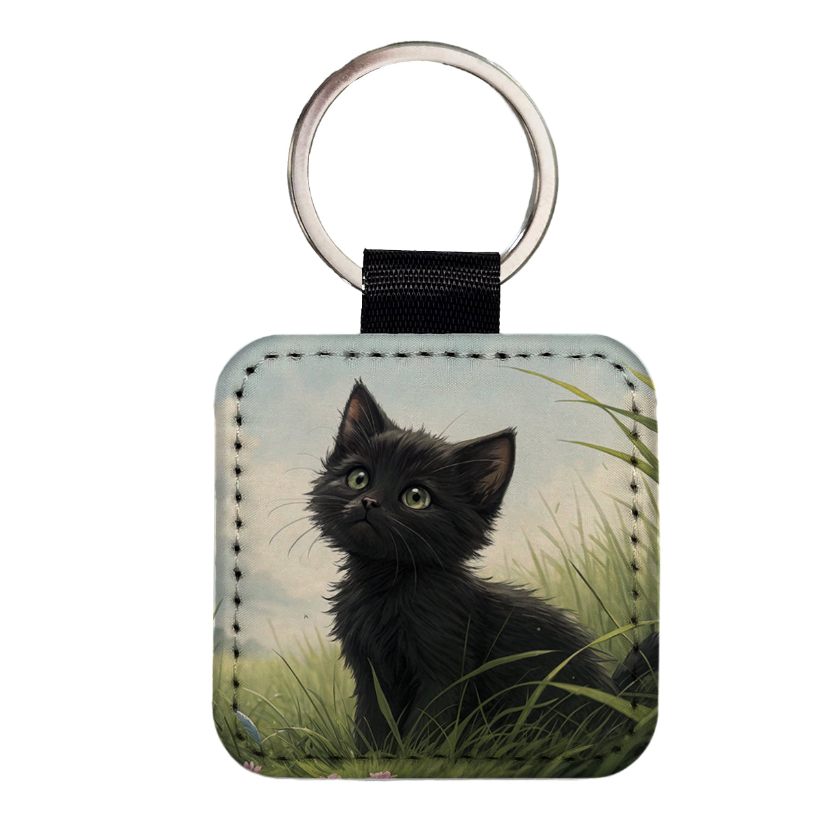 Black Kitten Cat in Field Square Faux Leather Keychain