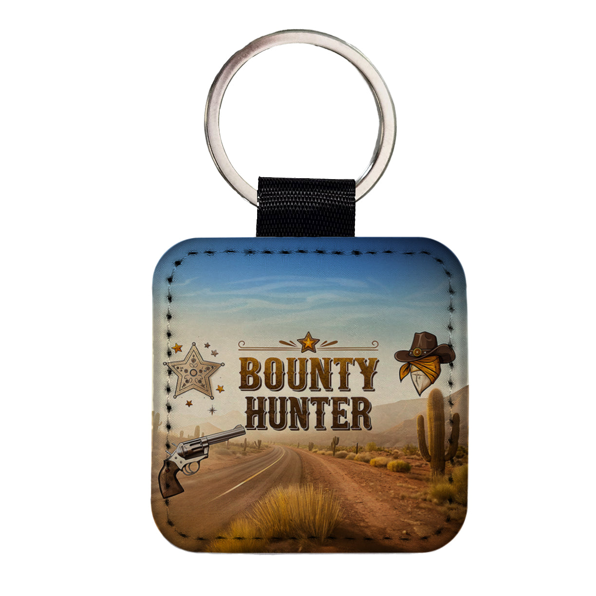 Bounty Hunter Western Cowboy Square Faux Leather Keychain