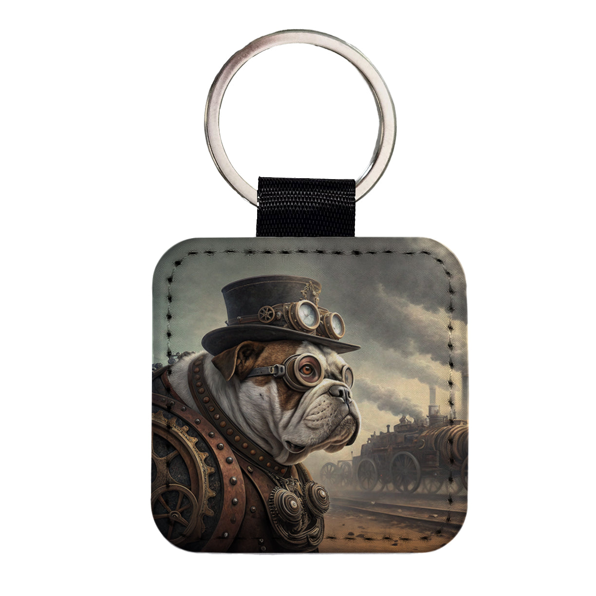 Bulldog Dog Steampunk Square Faux Leather Keychain