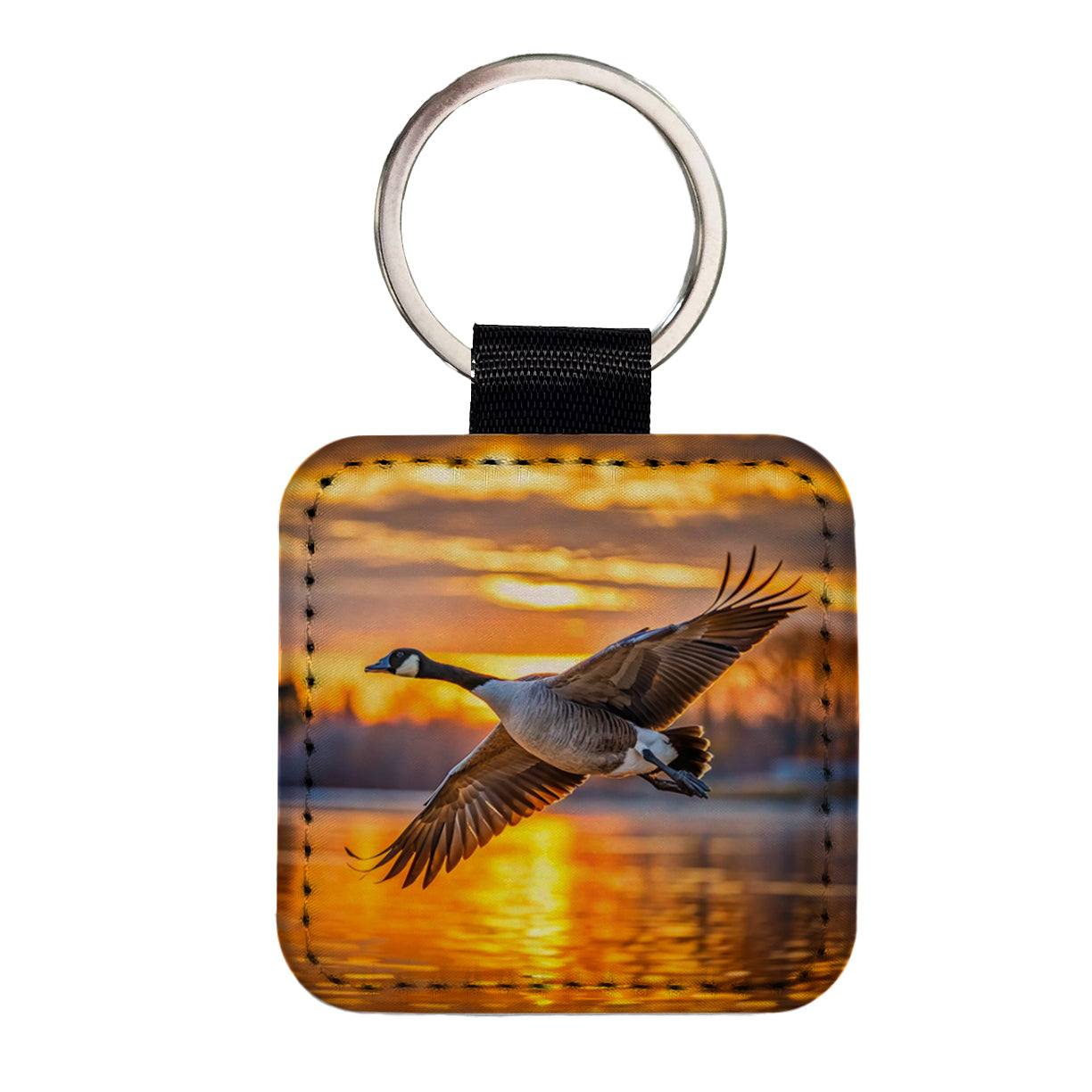 Canada Canadian Goose In Flight At Sunset Square Faux Leather Keychain